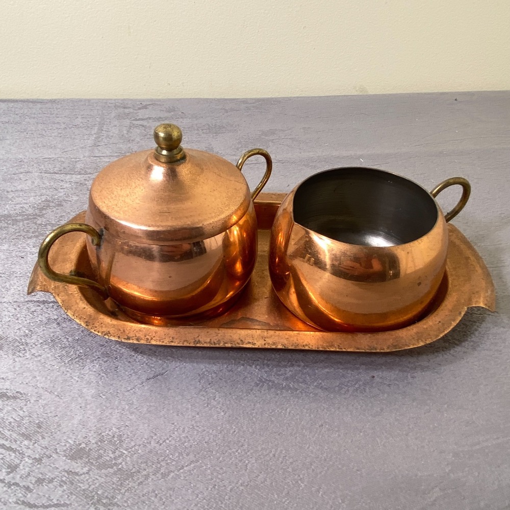 Old Dutch International Copper and Brass Cream and Sugar Set with Tray Vintage